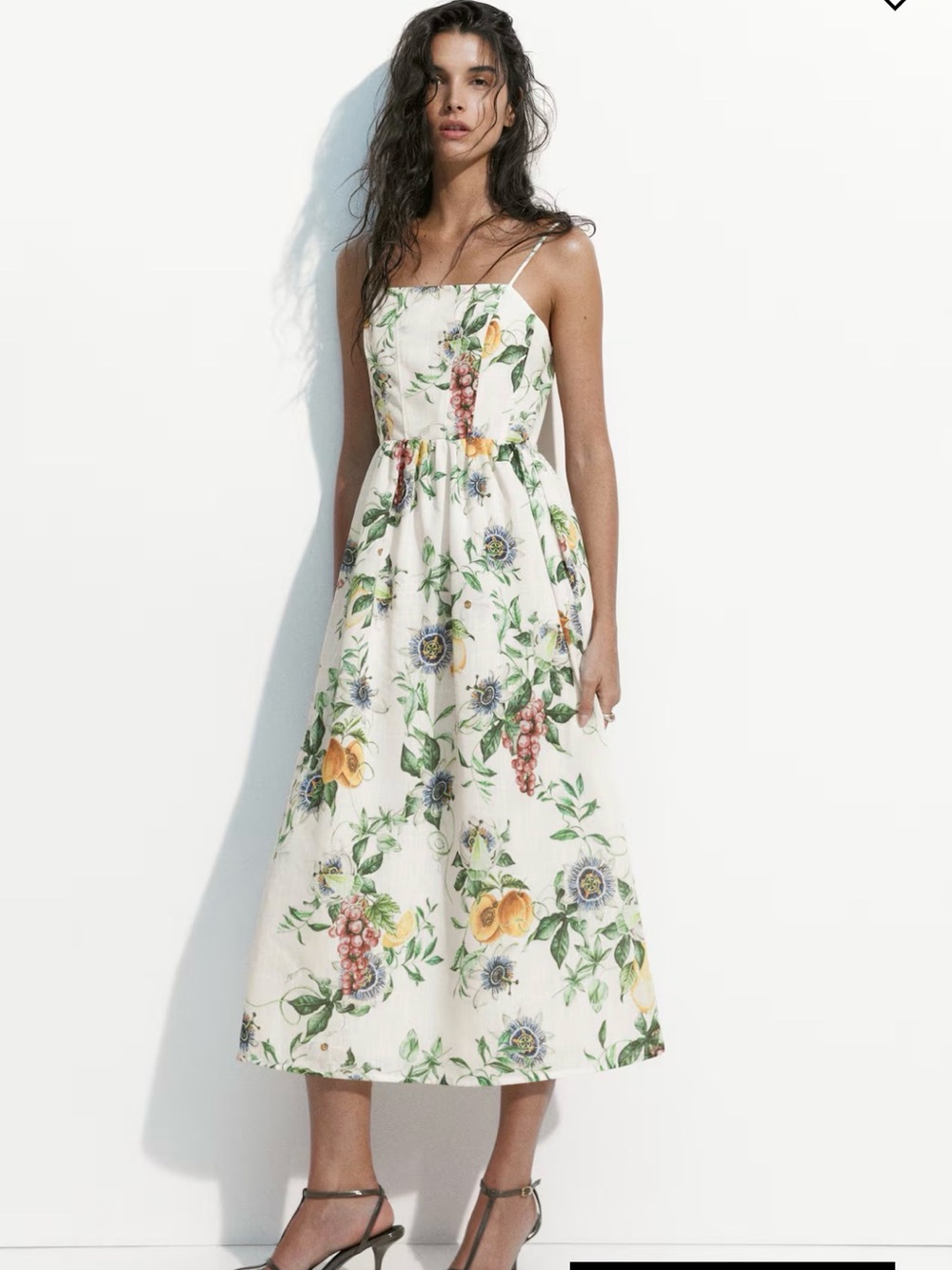 H&M Cream Floral Midi Dress with Yellow & Green Accents size medium